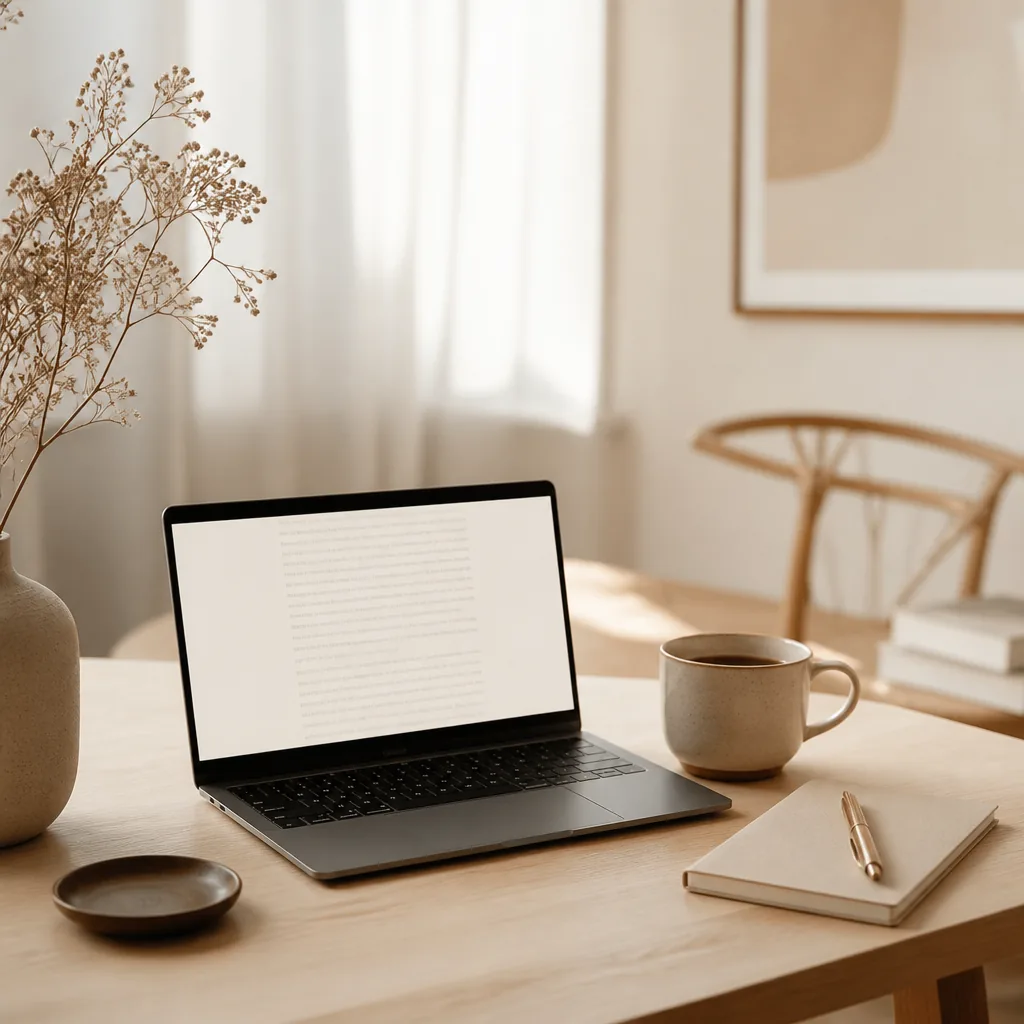 Laptop med ren textsida och en kaffekopp bredvid en anteckningsbok på ett ljust skrivbord