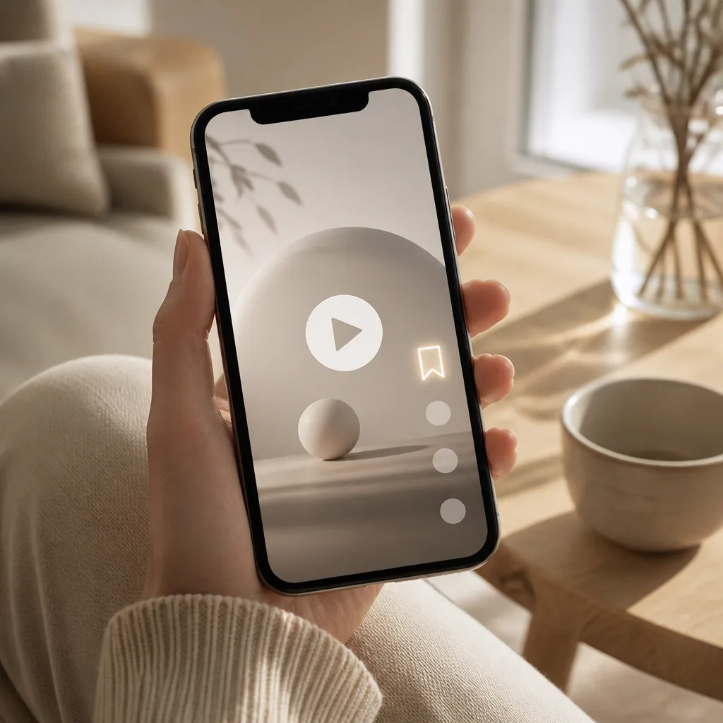 Smartphone i mjukt naturligt ljus med en minimalistisk videoapp på skärmen, play-knapp och bokmärkesikon