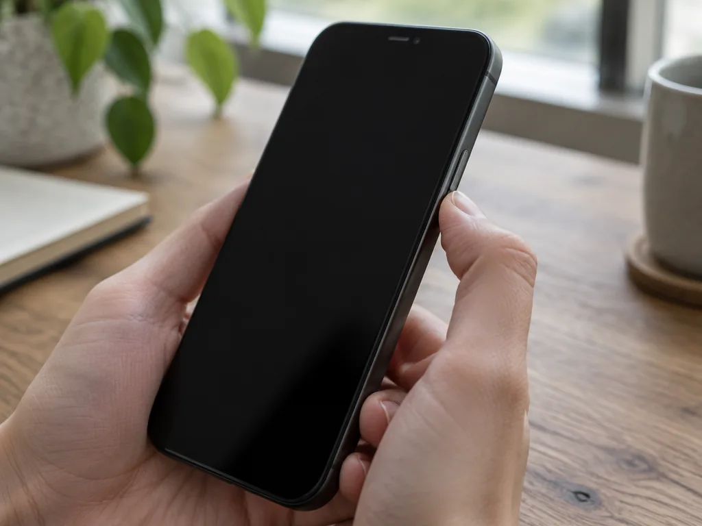 Hand som håller in sidoknappen på en smartphone med svart, avstängd skärm vid ett skrivbord