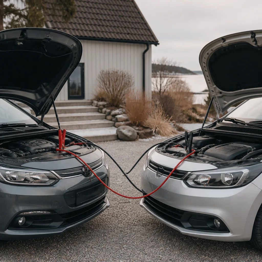 Två bilar parkerade med motorhuvarna öppna och röda och svarta startkablar kopplade mellan batterierna