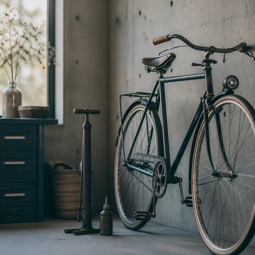 Gammal cykel lutad mot en betongvägg med cykelpump och en kanna kedjeolja bredvid i mjukt vårljus