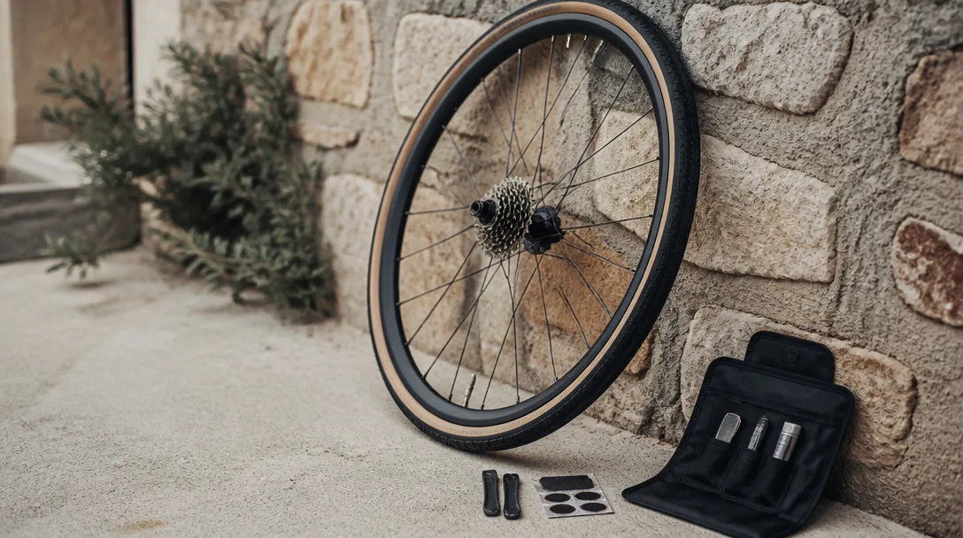 Cykelhjul lutat mot en vägg med verktyg och lappkit utlagda bredvid