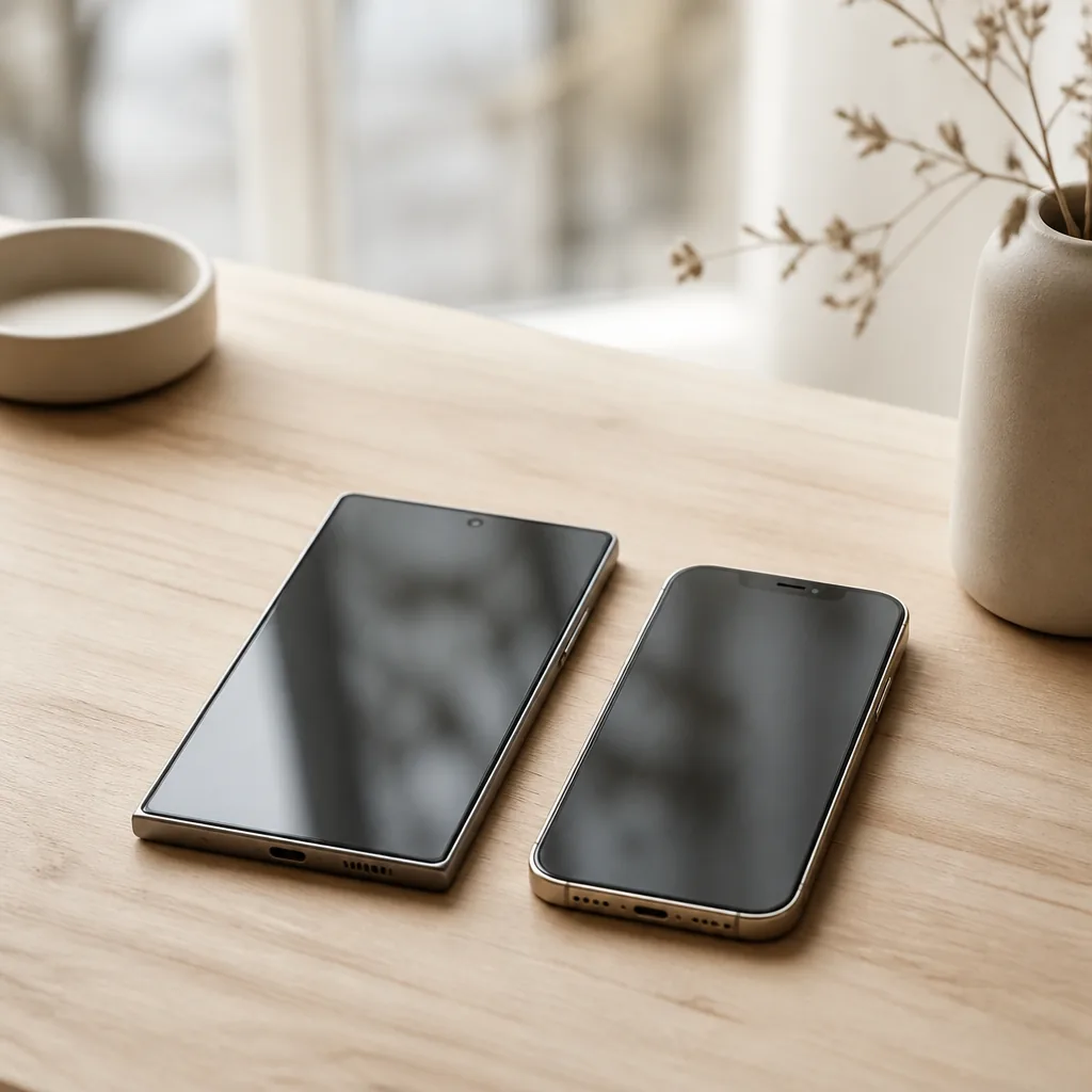 En Android-telefon och en iPhone bredvid varandra på ett skrivbord i mjukt dagsljus