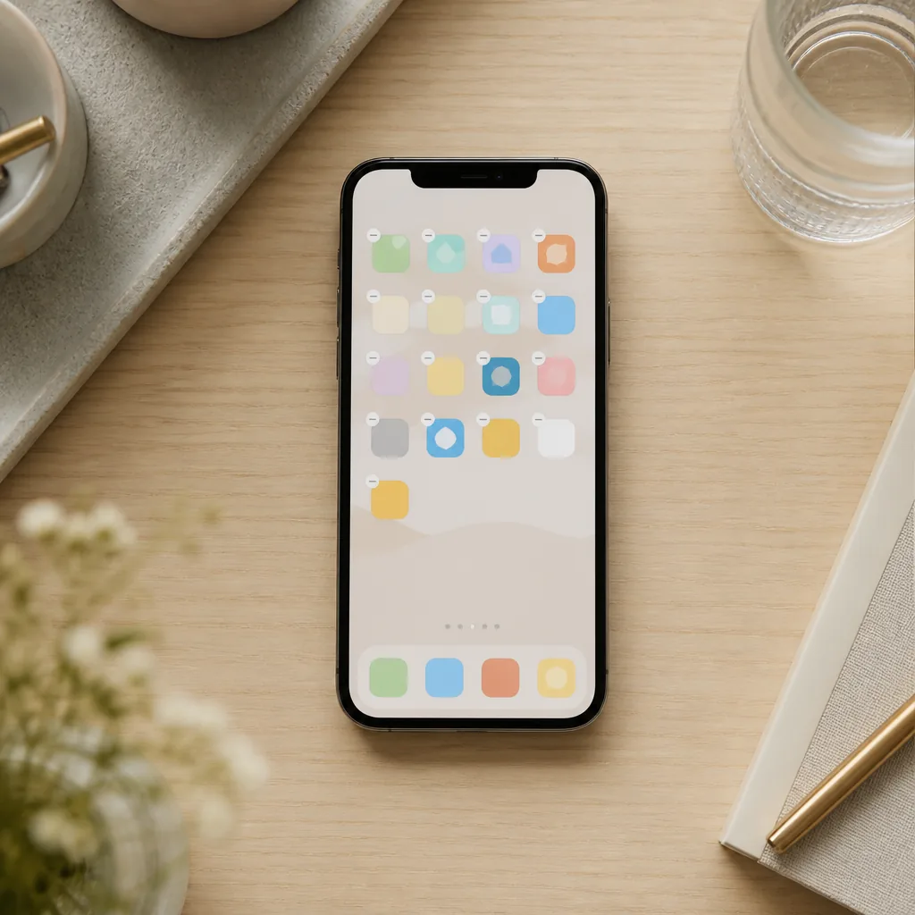 En iPhone sedd uppifrån på ett ljust träbord med skakande appikoner i redigeringsläge, mjukt dagsljus