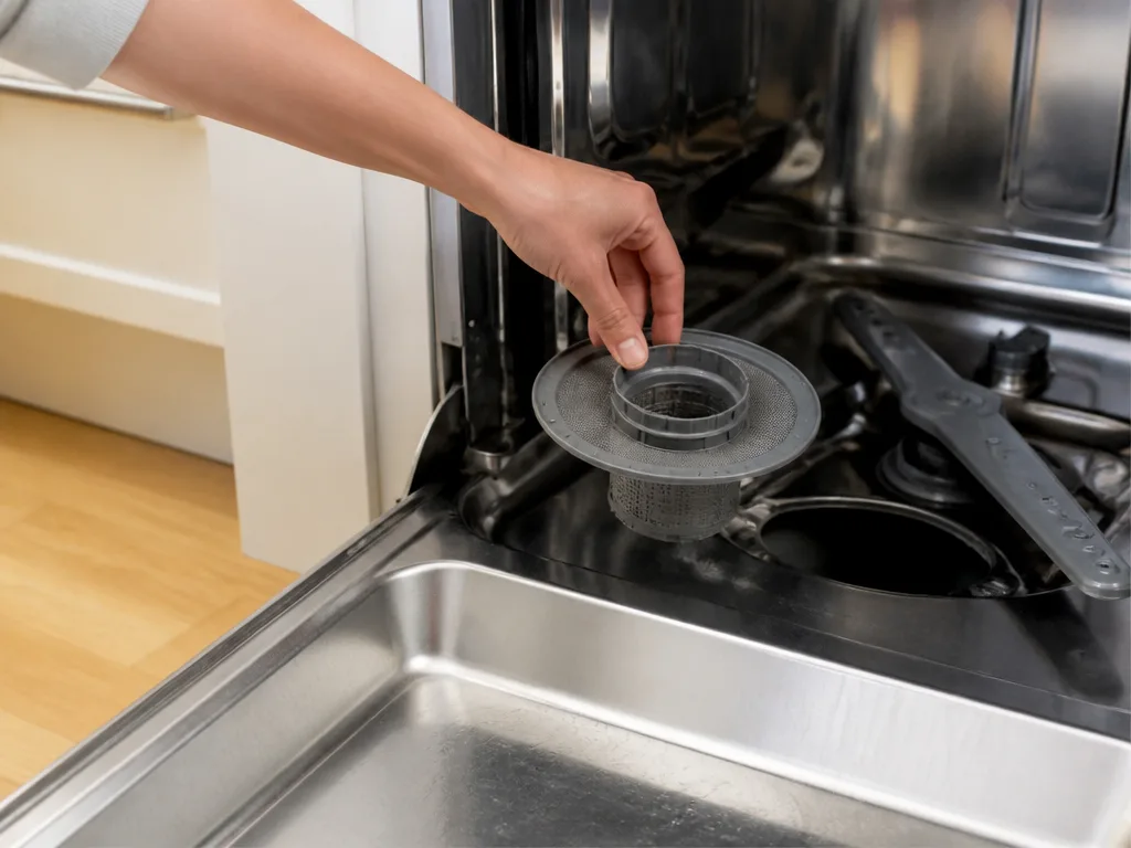 Diskmaskinens bottenfilter lyfts ur, det vanligaste luktproblemet