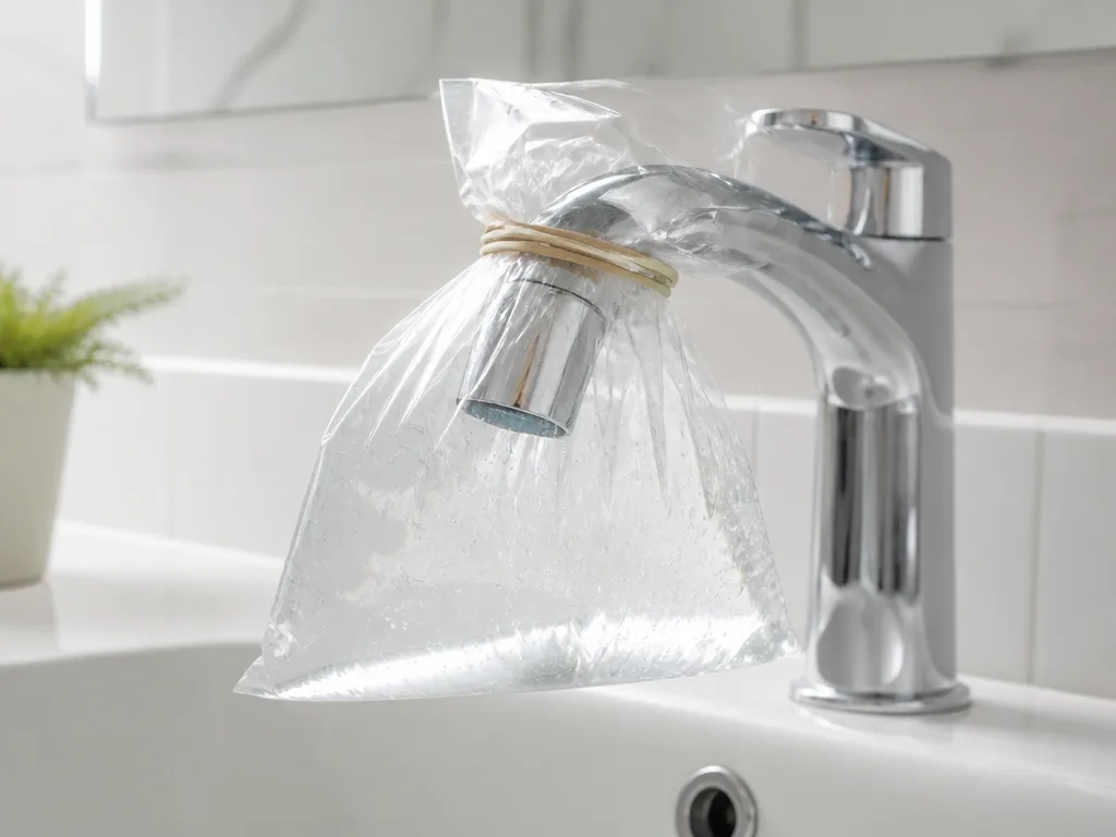 Plastpåsen med ättika runt kranen löser kalken över natten