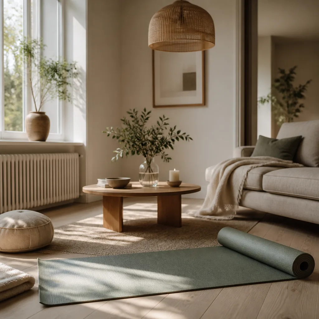 En utrullad yogamatta framför ett soffbord i ett ljust skandinaviskt vardagsrum med morgonljus från fönstret