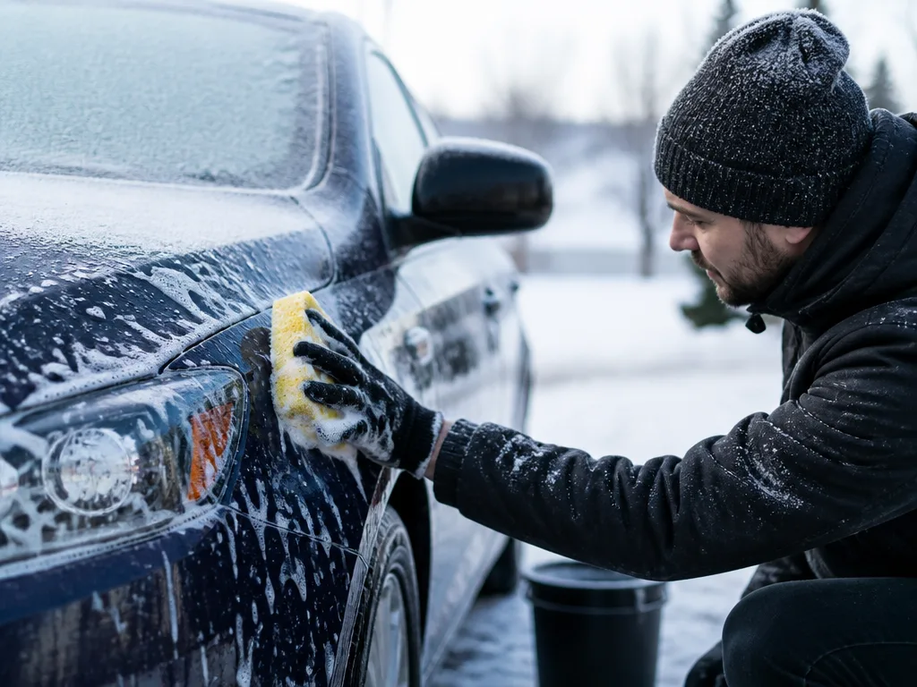 Bil tvättas för hand utomhus på vintern med snö på marken och tvålvatten som rinner längs karossen