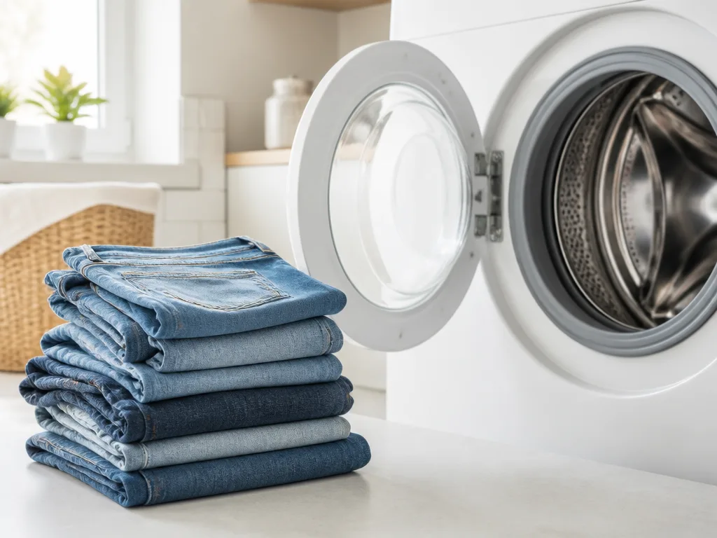 Hopvikta blå jeans bredvid en öppen tvättmaskinstrumma i en ljus tvättstuga