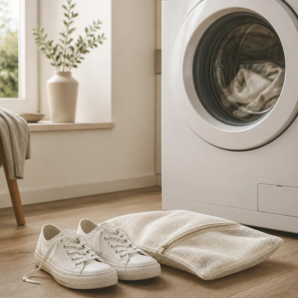 Vita canvas-sneakers framför en tvättmaskin med en mesh-tvättpåse intill