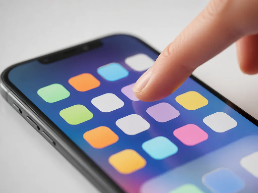 Närbild på en smartphone med ett färgstarkt app-rutnät på skärmen och ett finger som pekar mot en app