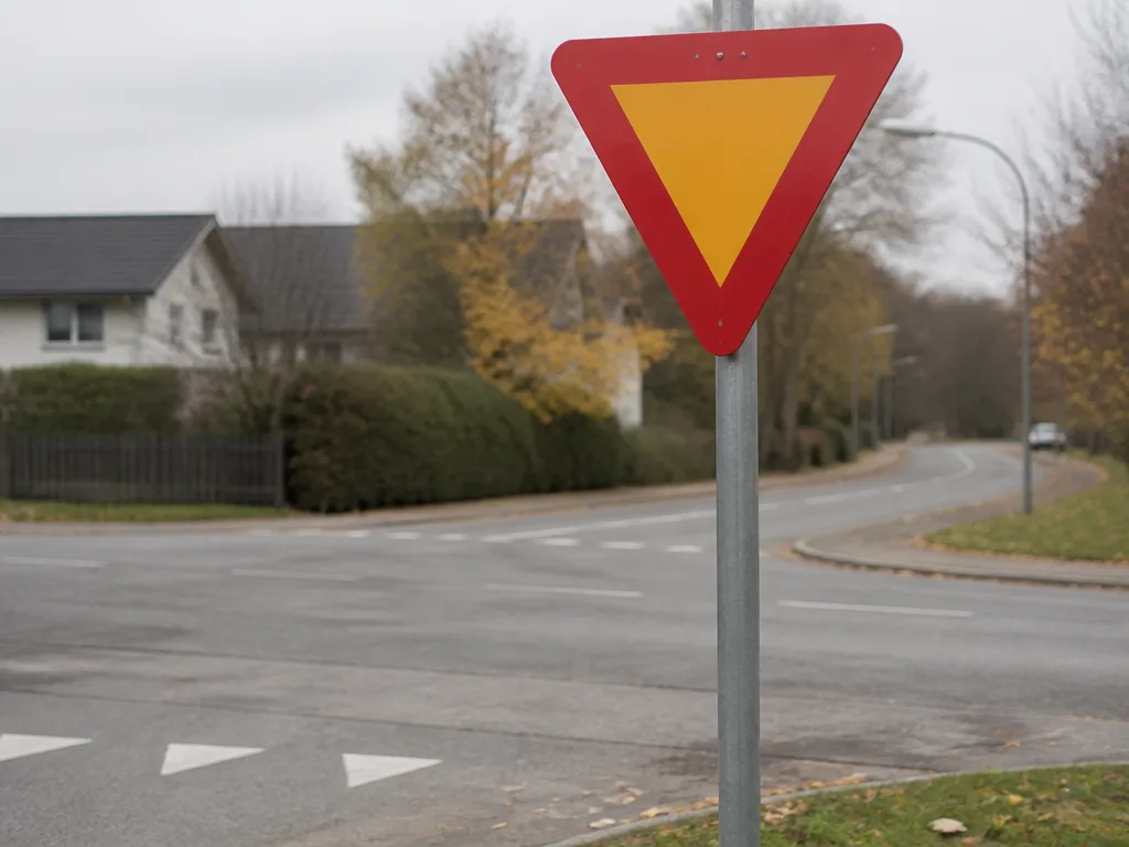 En väjningspliktsskylt, röd triangel med vit botten, uppsatt vid en vägkorsning