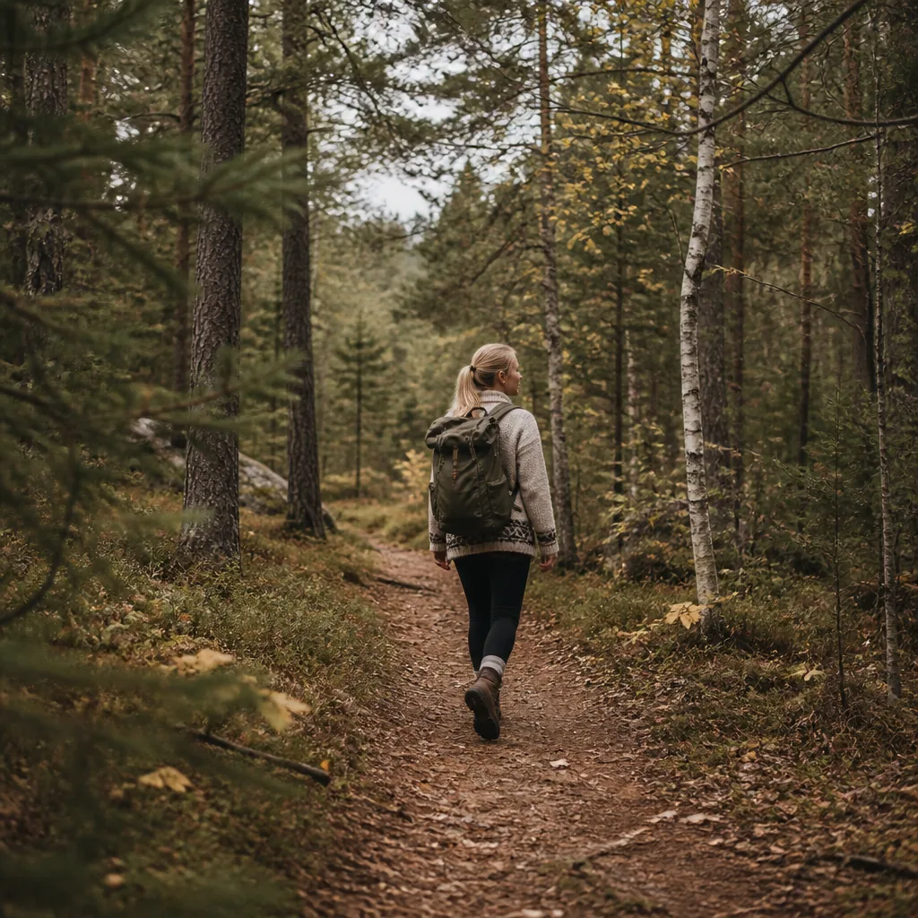 Vandrare med ryggsäck och kängor på en stig i en svensk skog i mjukt naturligt ljus