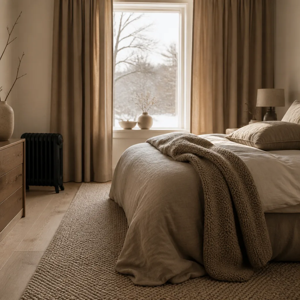 Scandinaviskt sovrum med tjocka gardiner, en bäddad säng med varm filt och en svart oljeradiator i hörnet