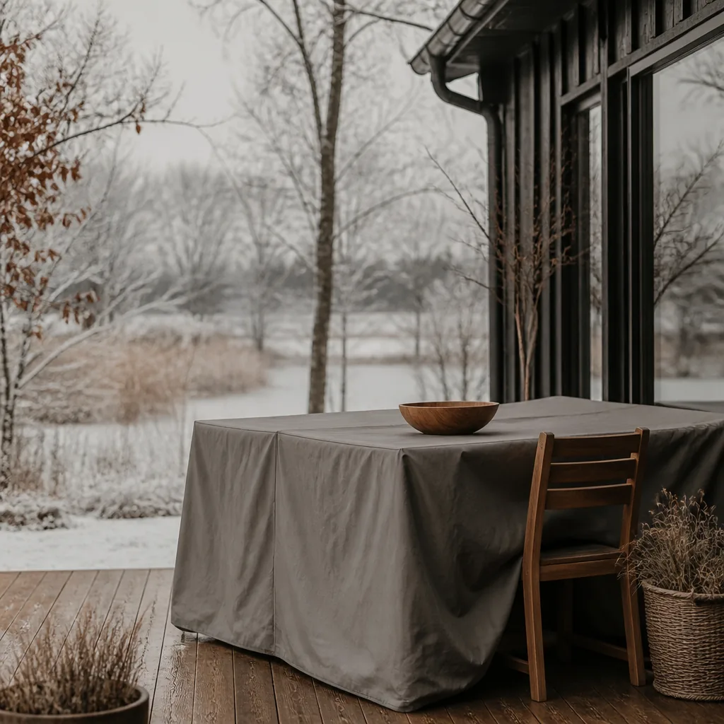 Teakmöbler på en altan täckta med ett grått möbelskydd i sen höst med snö i bakgrunden